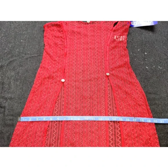 Vintage 80s 90s Red Mesh Geometric Double Slit Nightgown Lingerie Long Sheer M‎